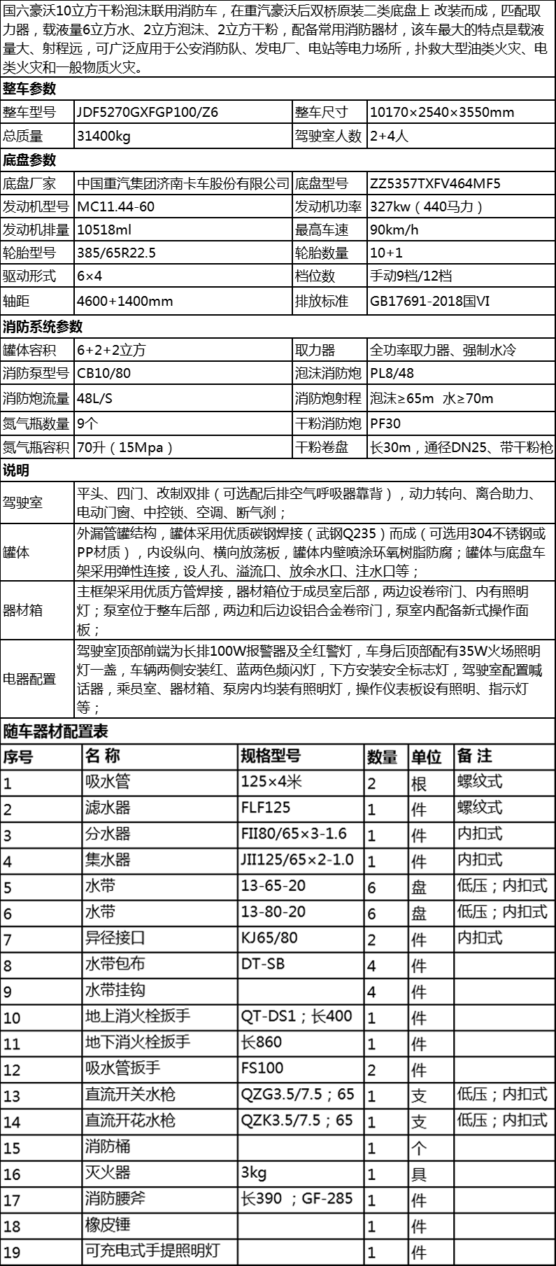 國(guó)六豪沃后雙橋干粉泡沫聯(lián)用消防車